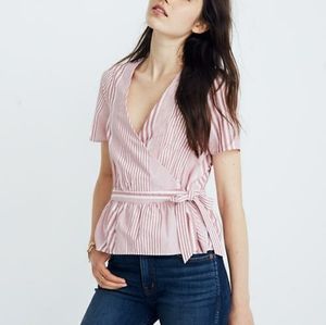 Madewell Wrap Tie Waist Top Blouse Stripe Mix Pink White Womens Size XS Cotton